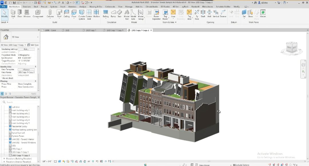 A Revit 3D view of the Snowdon Towers sample model, ready to export as FBX