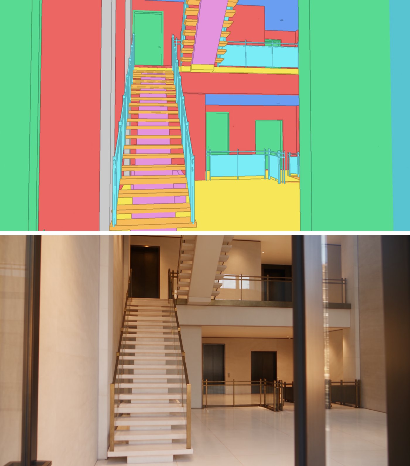 The same frame twice: the flat colour map on top, the limestone and brass render underneath