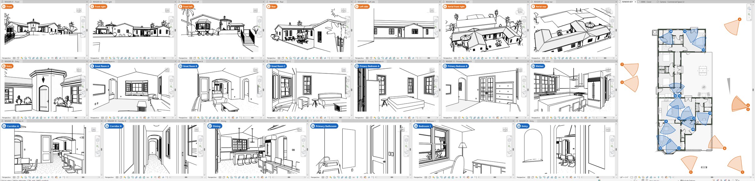 Twenty Revit camera views tiled in black and white, each with a numbered tag, next to a floor plan with a numbered cone for each camera