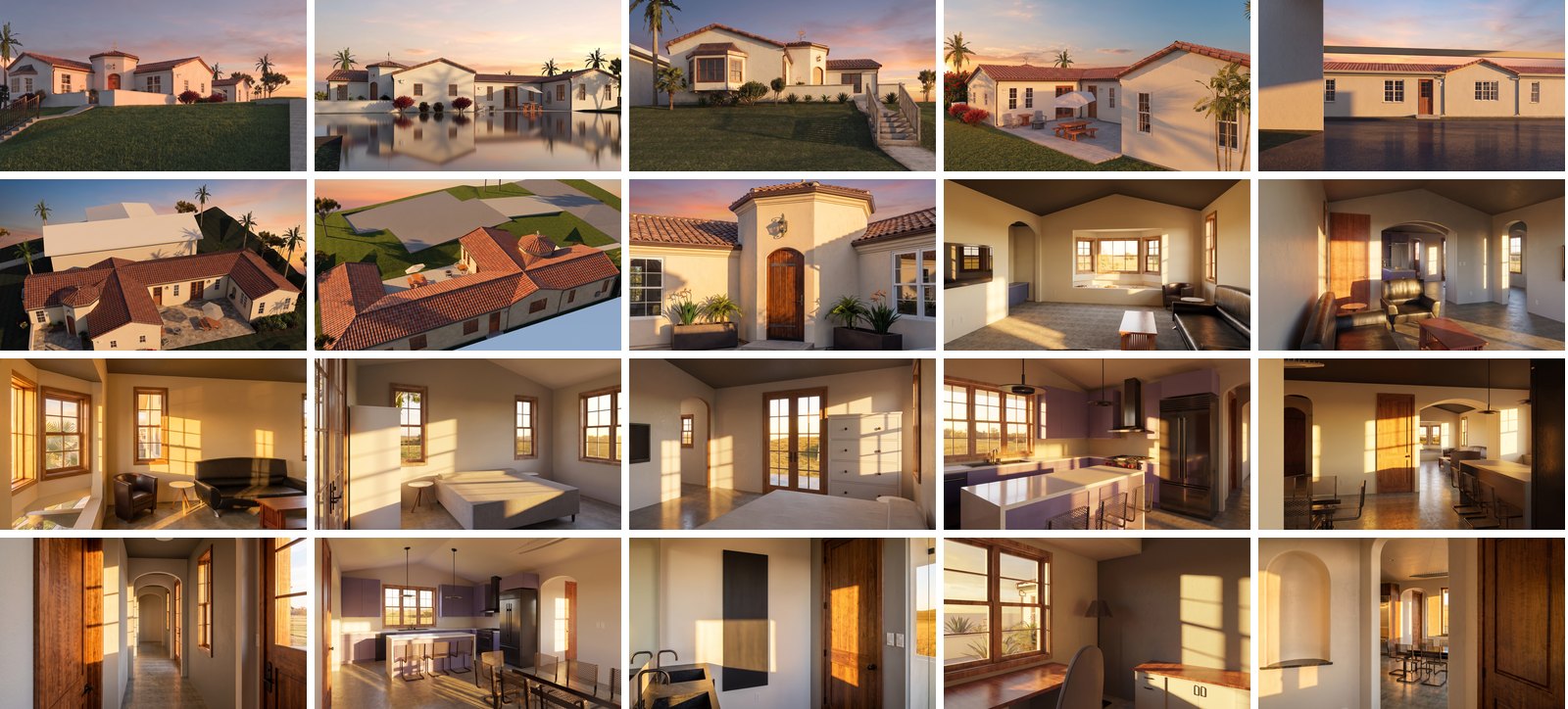 Twenty renders of the same house at golden hour, exteriors and interiors, in a five by four grid