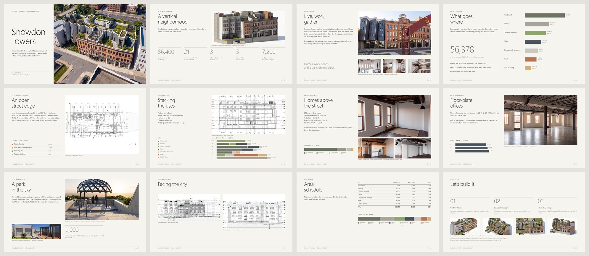 Twelve pages of a 16:9 presentation for Snowdon Towers, in a four by three grid