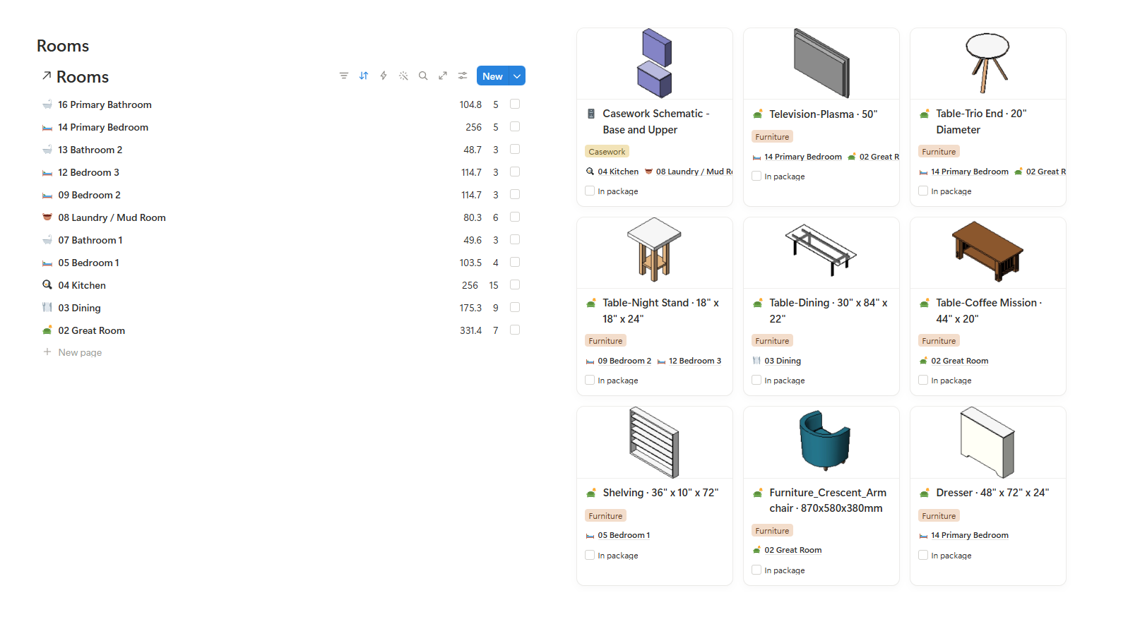 A Notion page with a list of eleven rooms and a gallery of element cards, each with a Revit picture