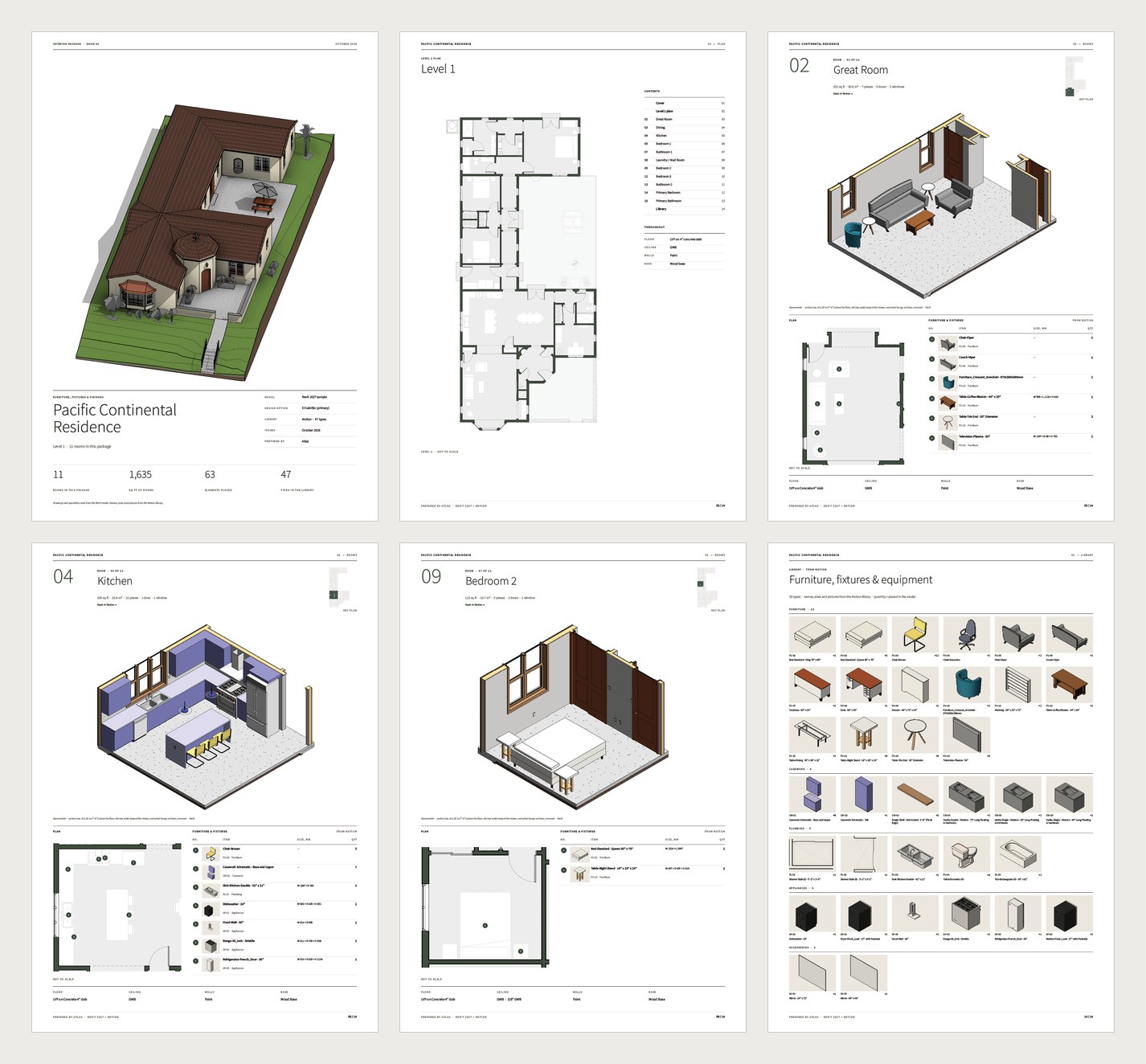 Six A3 booklet pages: a cover, the floor plan, three room pages and the element library